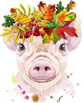 A beautiful pig in a wreath of leaves. Flowers. Watercolor illustration with splashes.