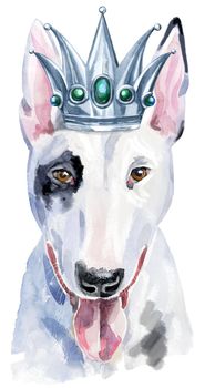 Cute Dog. Dog for T-shirt graphics. watercolor bull terrier illustration with silver crown