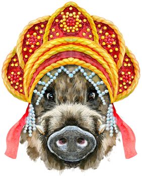 Cute piggy in Russian national headdress kokoshnik. Wild boar for T-shirt graphics. Watercolor brown boar illustration