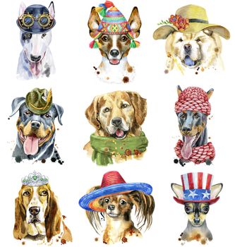 Cute set of watercolor portraits of dogs. For t-shirt graphics. Watercolor dogs illustration