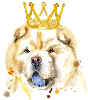 Cute Dog with crown. Dog T-shirt graphics. watercolor chow-chow dog illustration