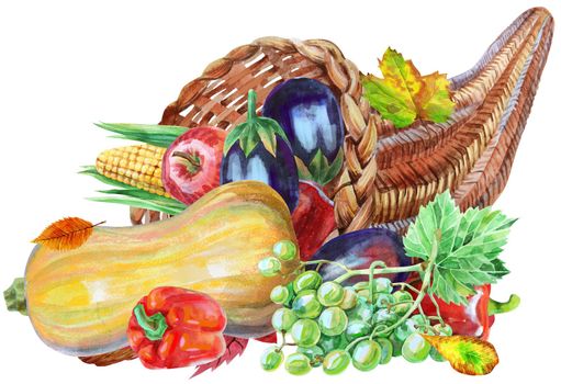 Hand drawn watercolor cornucopia with fall season harvest, pumpkin, sunflower, apple and pepper. Food illustration isolated on white background.
