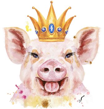 Cute piggy. Pig for T-shirt graphics. Watercolor pink pig with crown