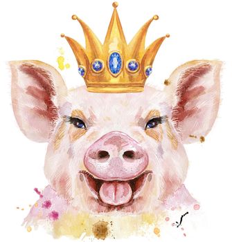 Cute piggy. Pig for T-shirt graphics. Watercolor pink pig with crown