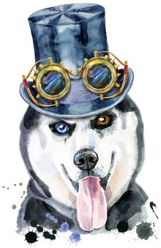 Cute Dog with black hat topper and steampunk glasses. Dog T-shirt graphics. watercolor husky