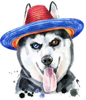 Cute Dog in sombrero. Dog T-shirt graphics. watercolor husky