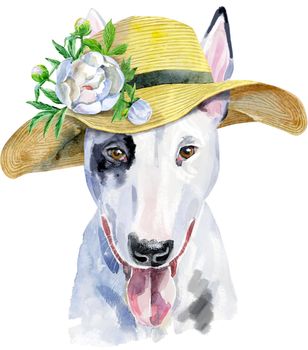Cute Dog. Dog for T-shirt graphics. watercolor bull terrier illustration with silver crown