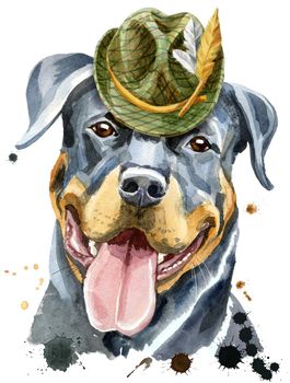 Cute Dog with green hat. Dog T-shirt graphics. watercolor rottweiler