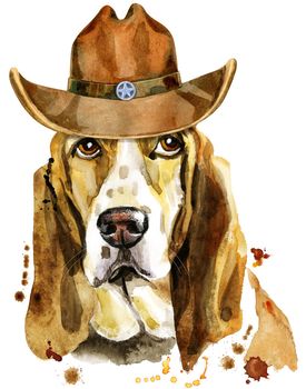 Cute Dog with cowboy hat. Dog T-shirt graphics. watercolor basset hound