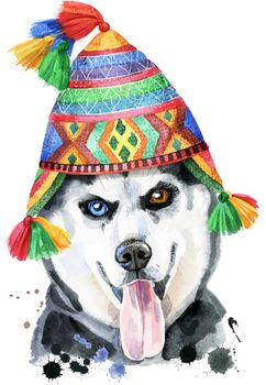 Cute Dog in a chullo hat. Dog T-shirt graphics. watercolor husky