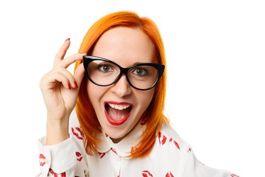 Beautiful young red woman wearing cateye glasses
