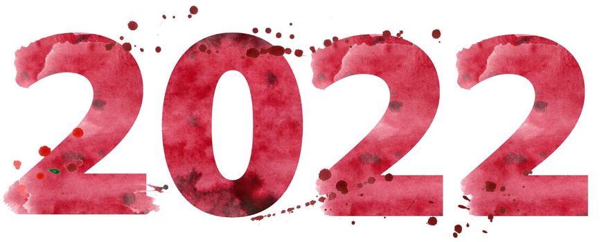 New year 2022 watercolor number with Christmas ball isolated on the white background