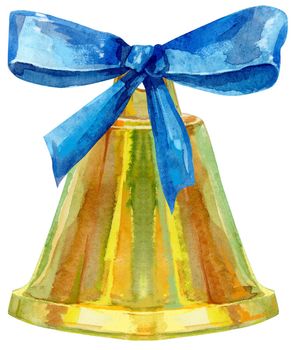 Golden watercolor christmas bell with blue bow. Symbol of merry christmas and new year.