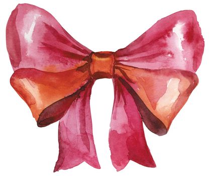 Watercolor red bow. Hand painted gift bow isolated on white background. Party or greeting object