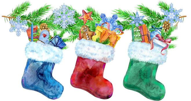 Christmas colorfull socks with gifts and spruce branches isolated on white background. Watercolor hand drawn illustration