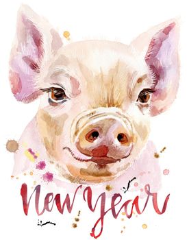 Cute piggy with the inscription New Year. Pig for T-shirt graphics. Watercolor pink mini pig illustration