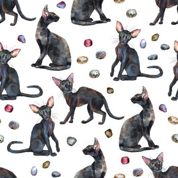 Seamless pattern of watercolor oriental cats. Hand drawn black short hair pets on white background.