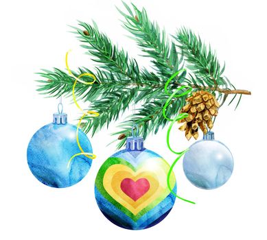 Spruce branch with christmas decorations with the image of a rainbow, hand drawn watercolor illustration