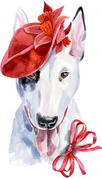 Cute Dog in red hat and red bow. Dog T-shirt graphics. watercolor bull terrier illustration