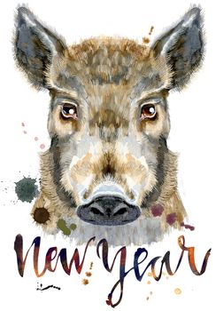 Cute piggy. Wild boar with the inscription New Year for T-shirt graphics. Watercolor brown boar illustration