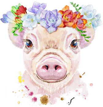 A beautiful pig in a wreath of freesia. Flowers. Watercolor illustration with splashes.