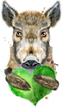 Cute piggy. Wild boar for T-shirt graphics. Watercolor brown boar with green heart illustration