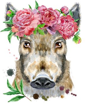 Cute piggy. Wild boar with flower for T-shirt graphics. Watercolor brown boar illustration