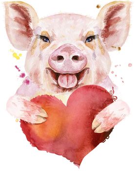 Cute piggy with red heart. Pig for T-shirt graphics.