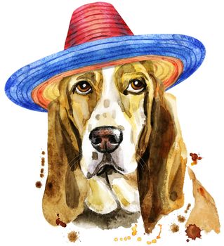 Cute Dog in mexican hat. Dog T-shirt graphics. watercolor basset hound