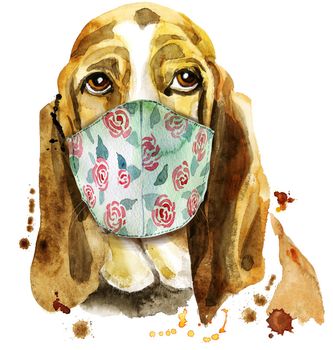 Cute Dog in face mask. Dog T-shirt graphics. watercolor basset hound