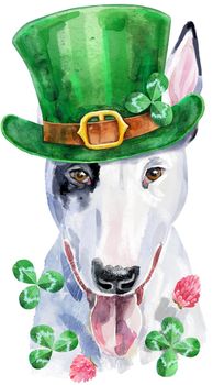 Cute Dog. Dog T-shirt graphics. watercolor bull terrier illustration. Dog with leprechaun hat on background. St. Patrick s day