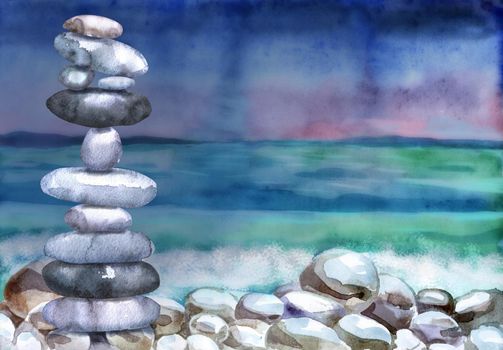 Watercolor seascape stack of flat pebbles for wallpaper design. Colorful wallpaper. Background illustration.