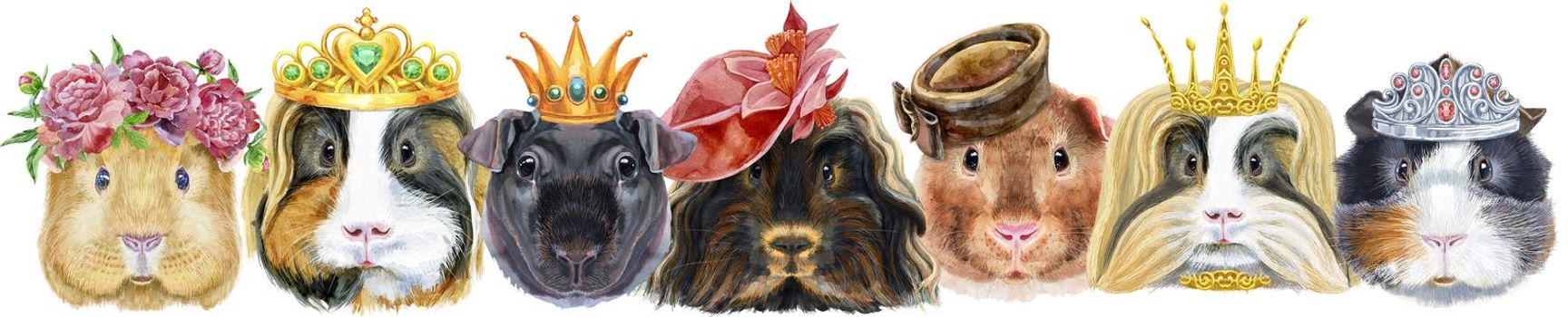 Cute cavy. Pig for T-shirt graphics. Watercolor guinea pigs border set