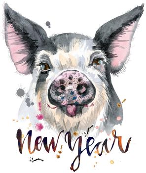 Cute piggy with the inscription New Year. Pig for T-shirt graphics. Watercolor pig in black spots illustration