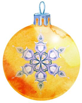 Watercolor Christmas ball with the image of snowflake isolated on a white background.