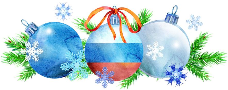 Watercolor Christmas tree border from balls with russian flag and snowflakes. Card for your creativity