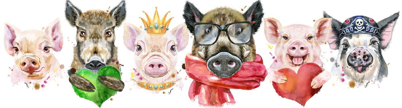 Cute border from watercolor portraits of pigs.