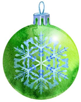 Watercolor Christmas green ball with snowlake isolated on a white background.