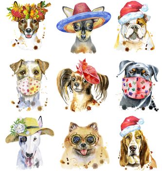 Cute set of watercolor portraits of dogs. For t-shirt graphics. Watercolor dogs illustration