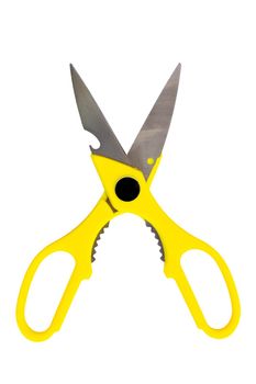 Cutlery scissors with yellow handles for cutting on a white background.
