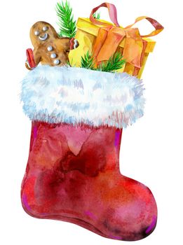 Christmas red sock with gifts isolated on white background. Watercolor hand drawn illustration