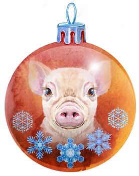 Watercolor Christmas red ball with with the image of a pig and snowlakes isolated on a white background.