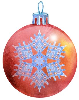 Watercolor Christmas red ball with snowlake isolated on a white background.