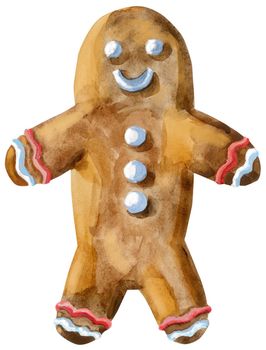 Watercolor christmas gingerbread. Hand painted gingerbread man isolated on white background. For design, background or print.