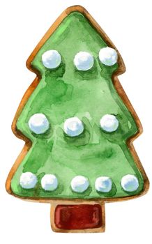 Watercolor christmas gingerbread. Hand painted gingerbread Christmas tree isolated on white background. For design, background or print.