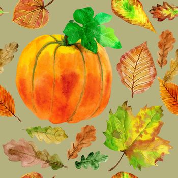 Seamless pattern with autumn orange watercolor leaves on green background.