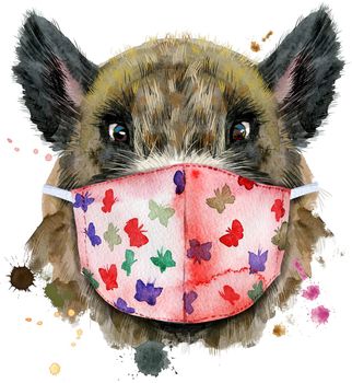 Cute piggy in protective mask. Wild boar for T-shirt graphics. Watercolor brown boar illustration