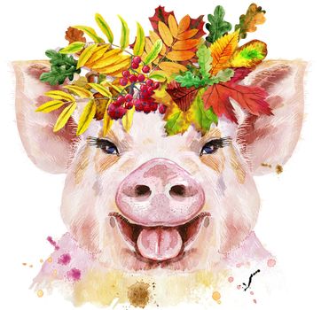 A beautiful pig in a wreath of leaves. Flowers. Watercolor illustration with splashes.