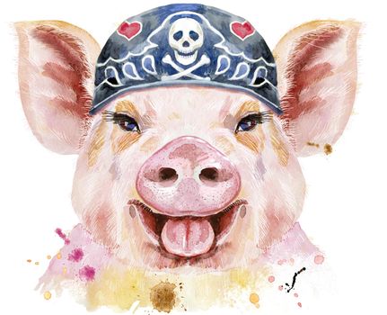 Cute piggy. Pig for T-shirt graphics. Watercolor pink pig wearing biker bandana