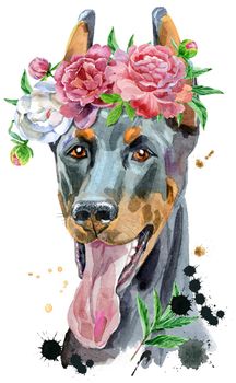 Cute Dog in a wreath of peonies. Dog T-shirt graphics. watercolor doberman illustration
